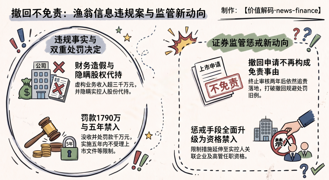 <b>渔翁信息被公开谴责并五年内不接受上市申请:两套处罚落地,中介责任认定尚</b>